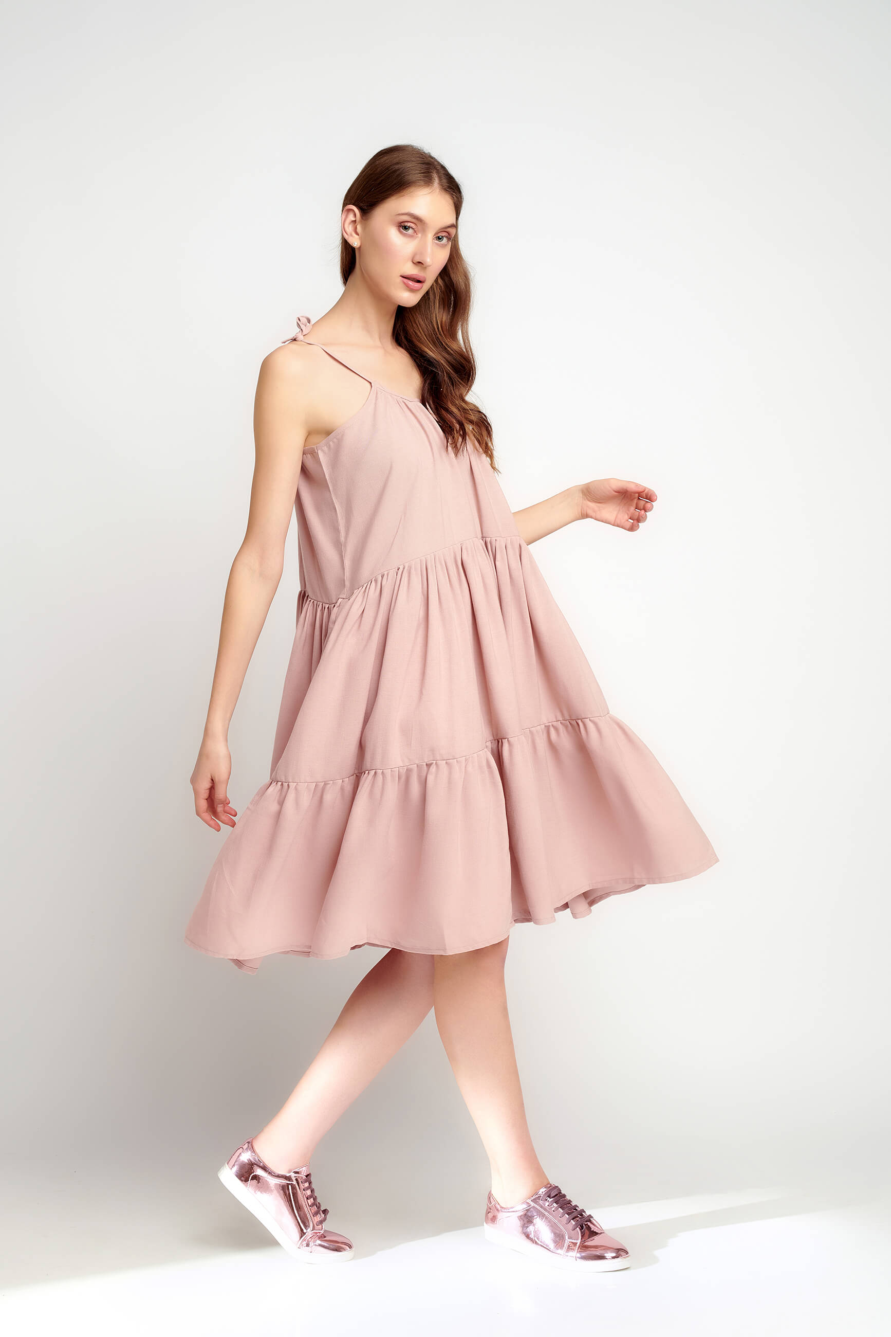 Gathered Grace Nude Pink Midi Dress