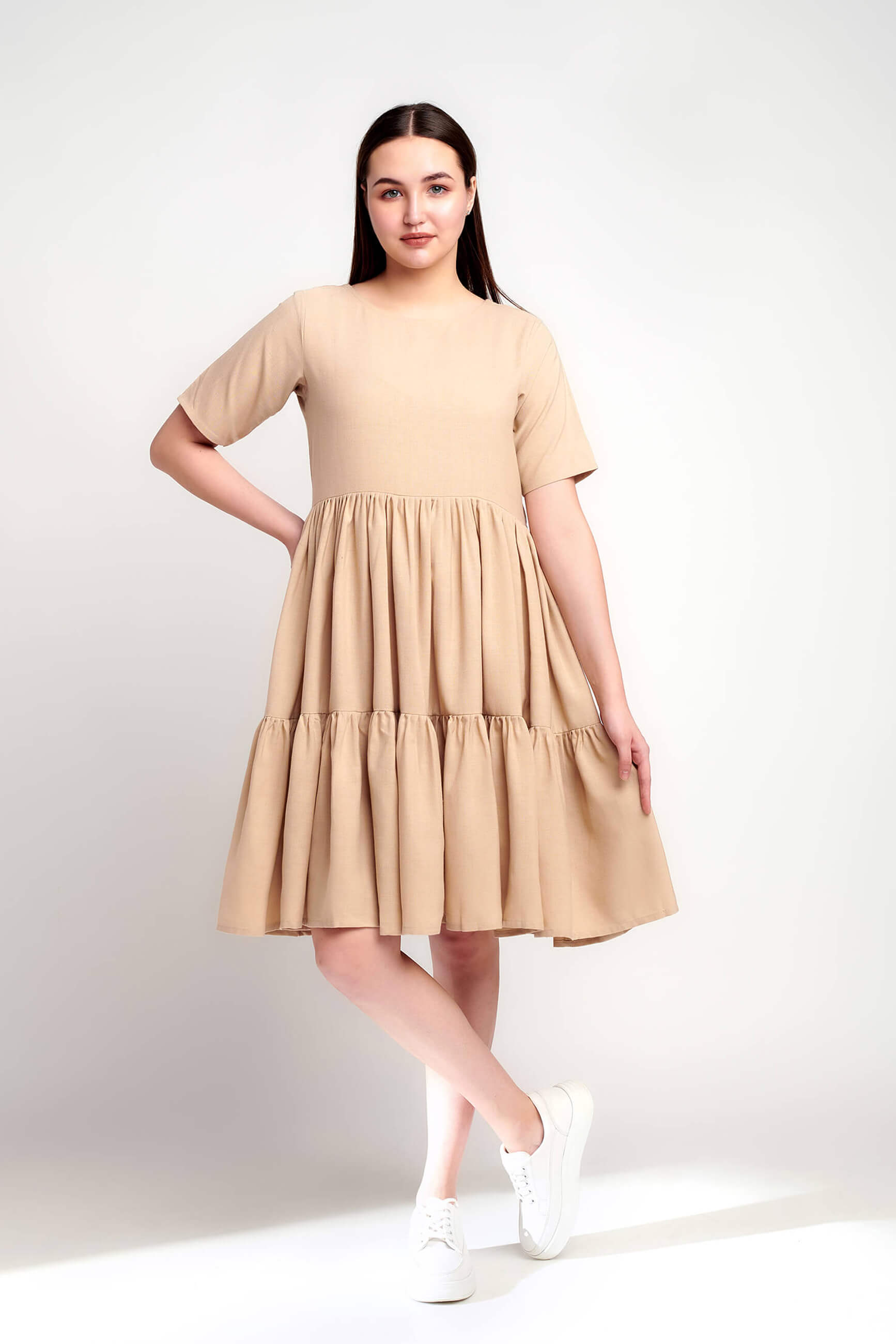 Soft Sandstone Short Linen Dress