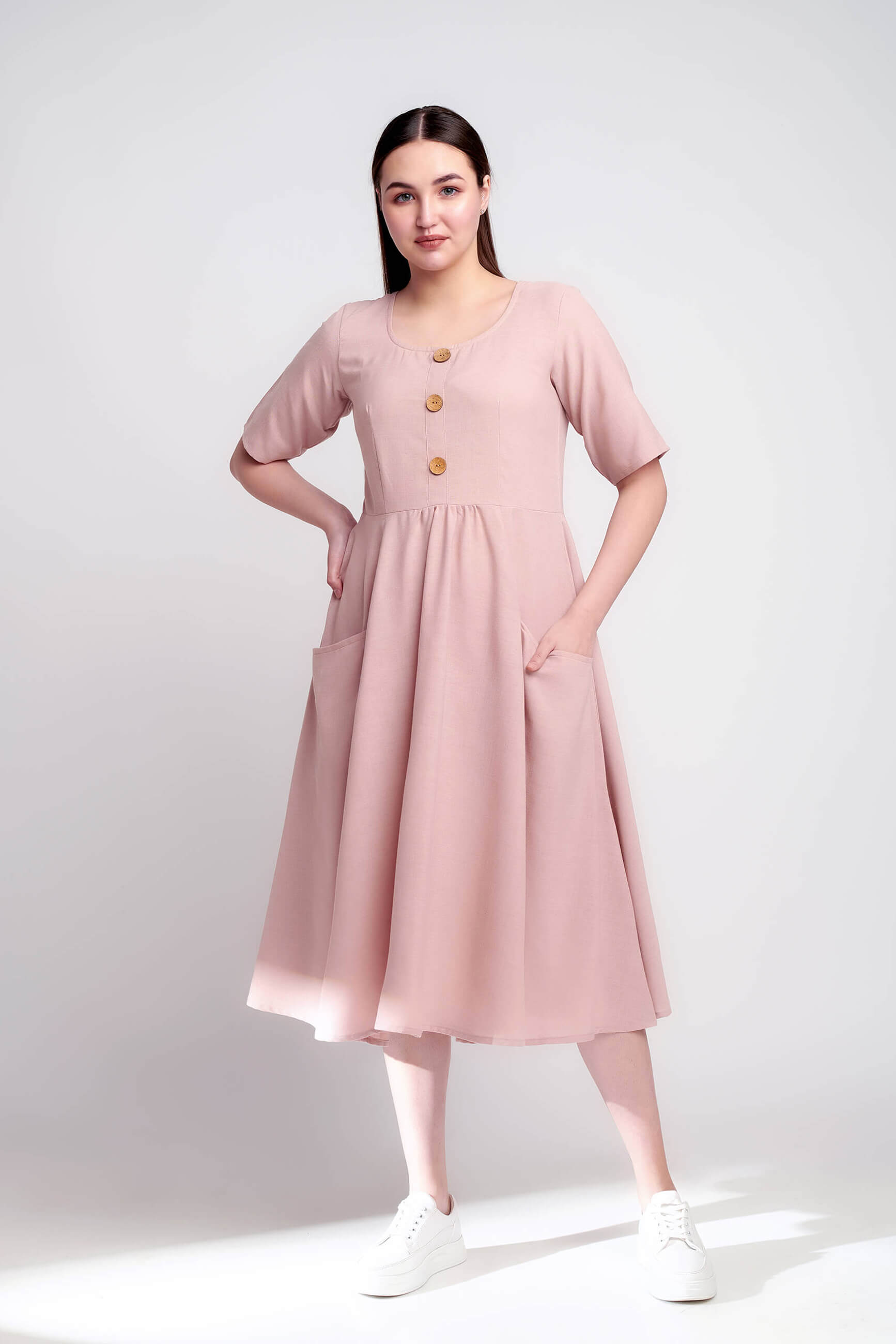Nude Blush linen Midi Front Pocket Dress