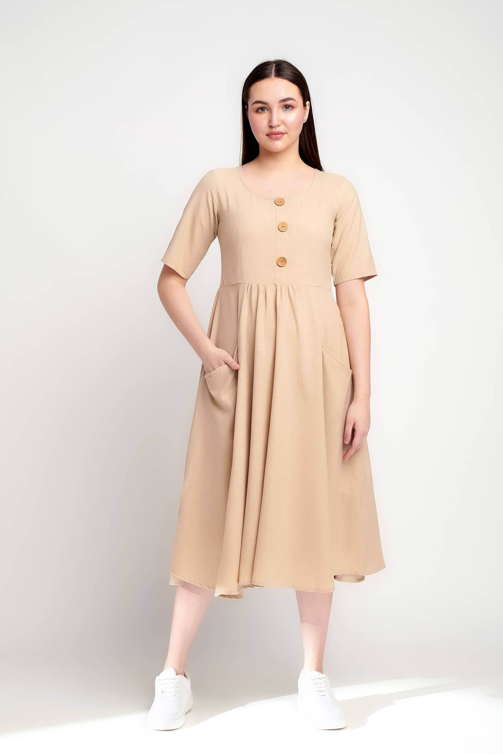Sun-drenched Sands Linen Beige Midi Dress 