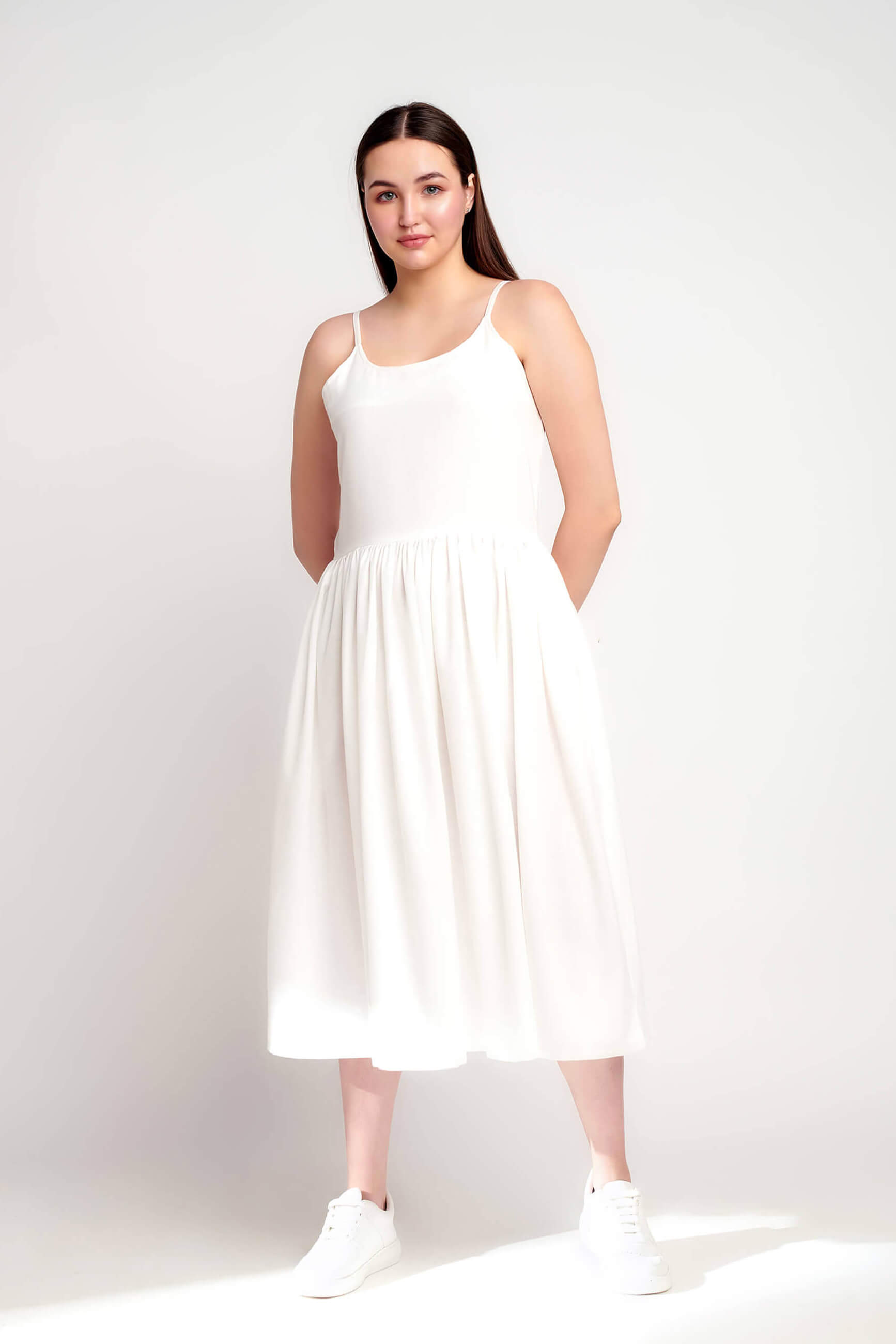 Pristine White Linen U Neck Sling Dress