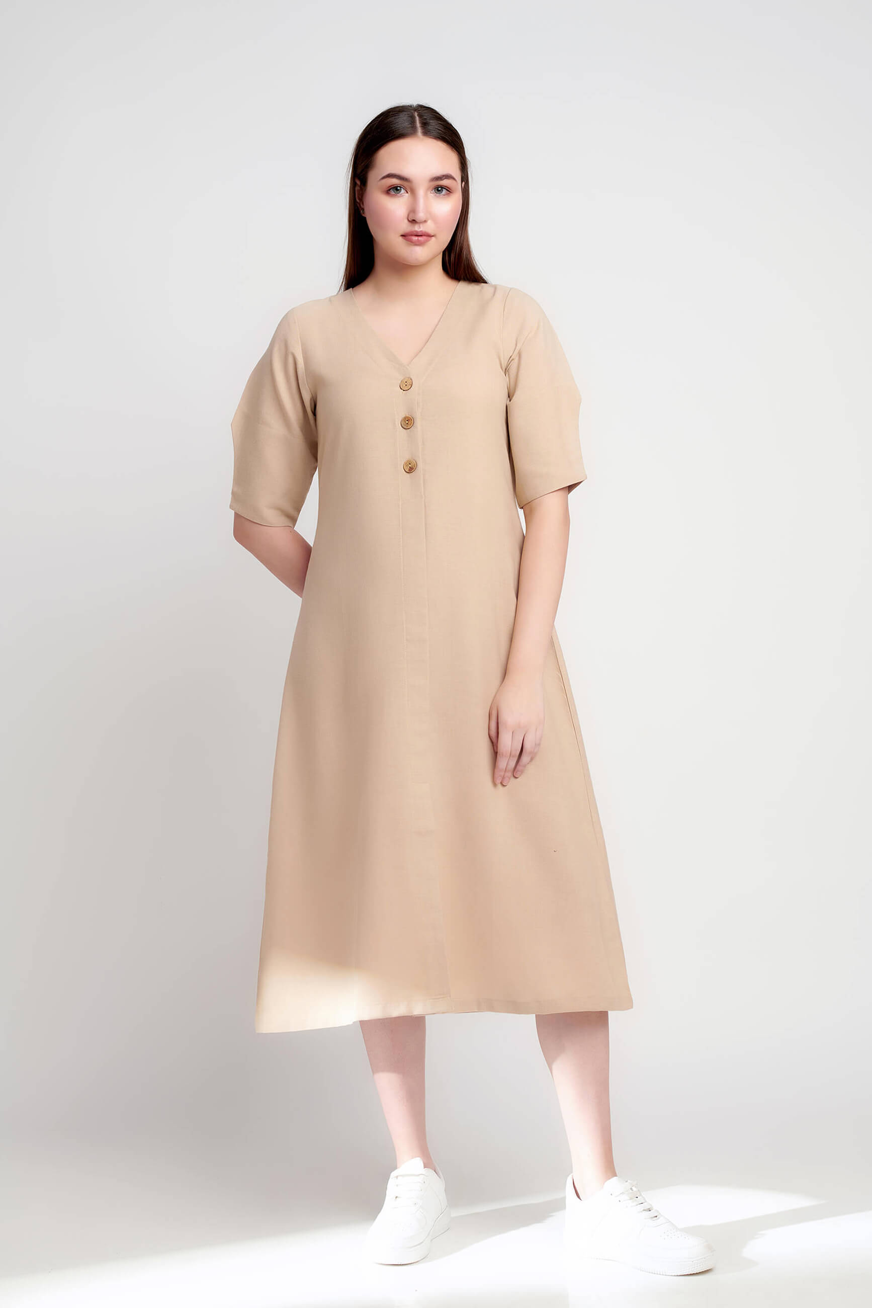 Twilight calf length beige linen dress