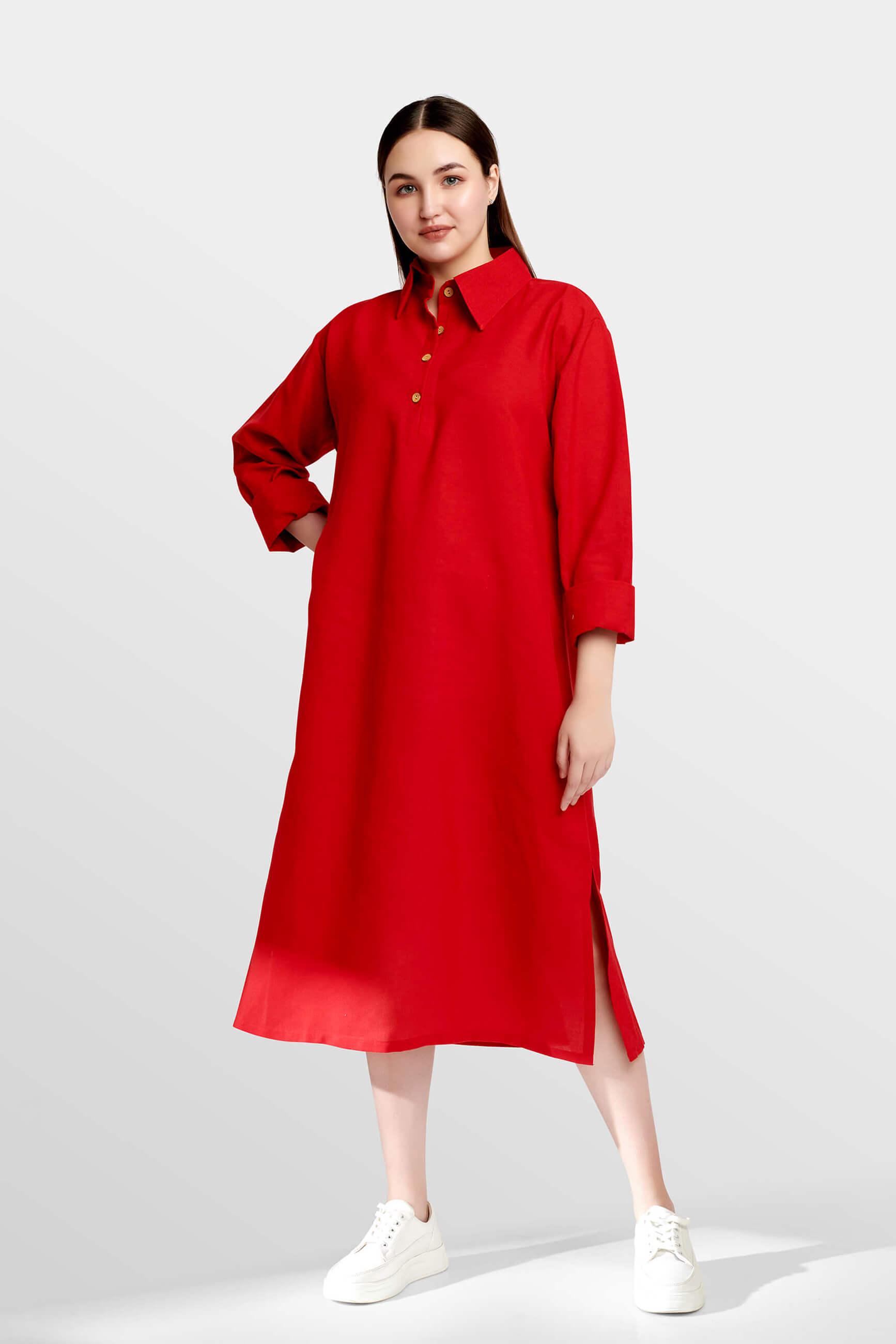 Radiant Scarlet Red Linen Shirt Dress