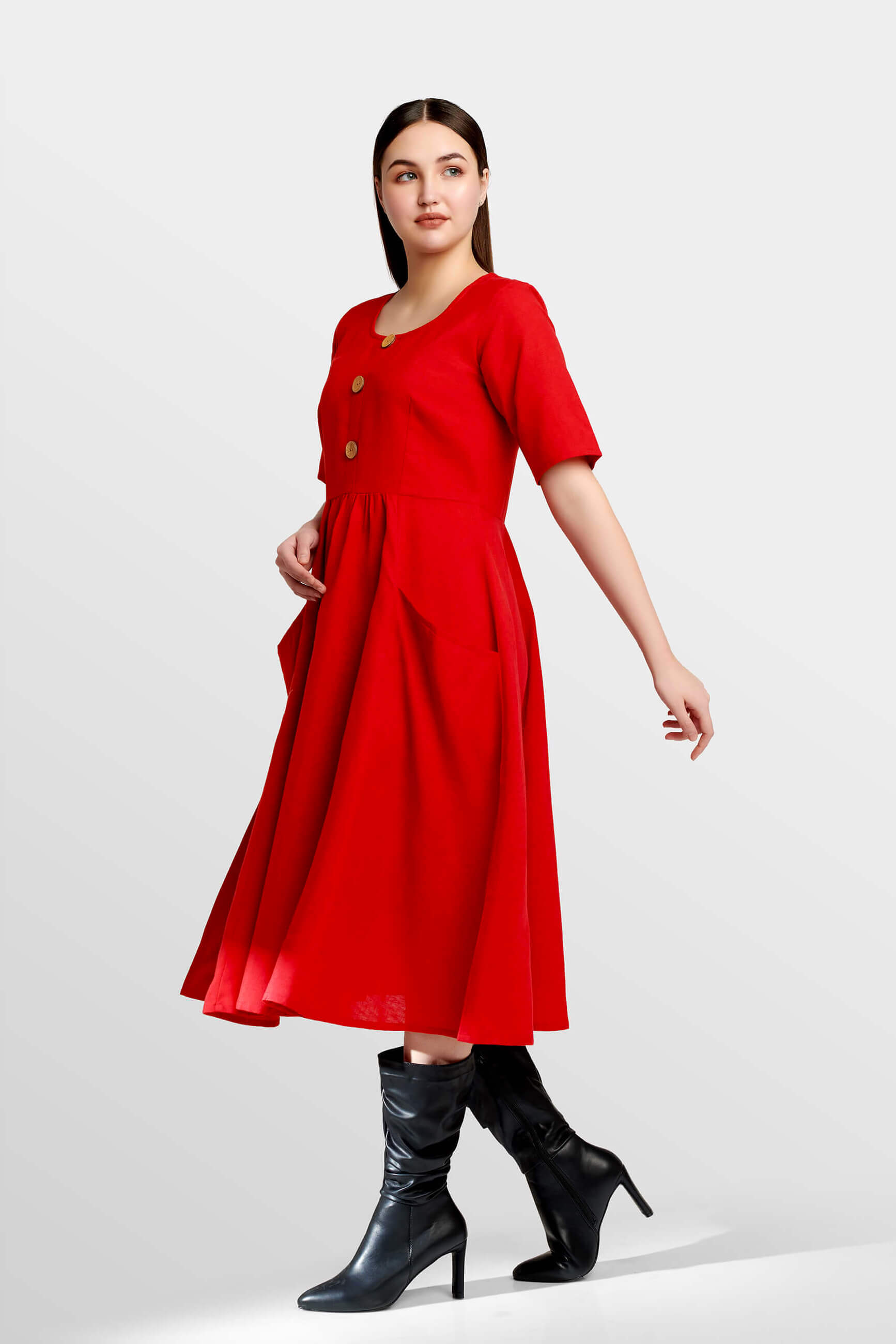 Berry Blaze Linen Red Midi Dress