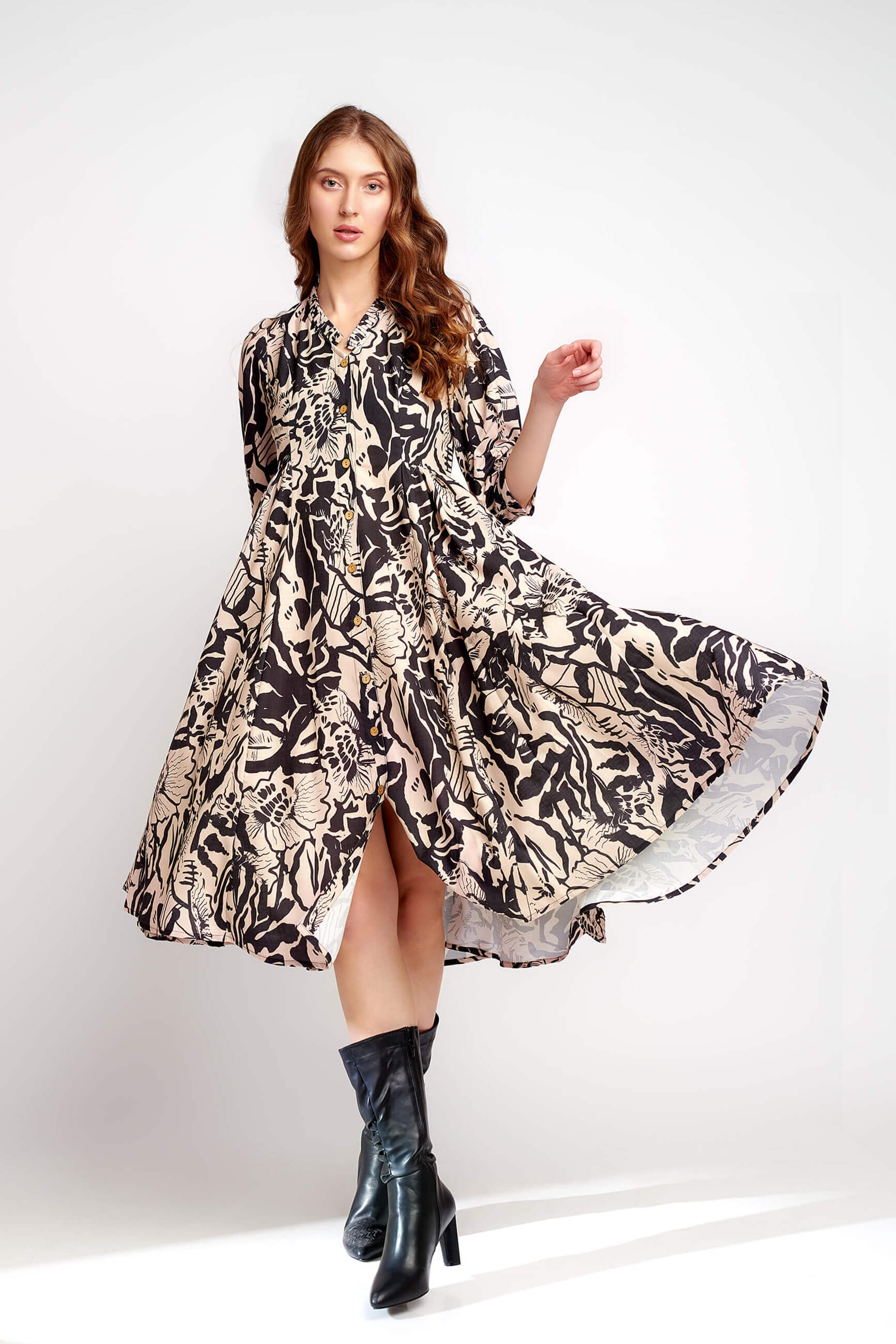 Woodland Beige Black Abstract Print Midi Dress