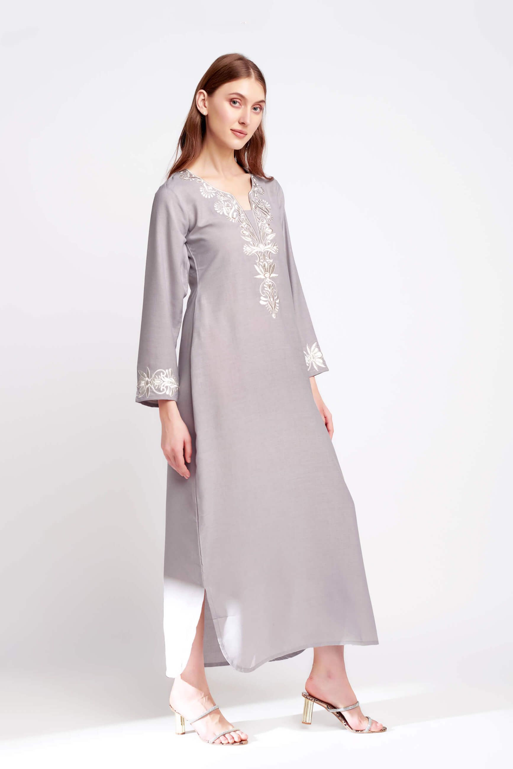 Smoke Serenity  A-Line Linen Full Length Dress